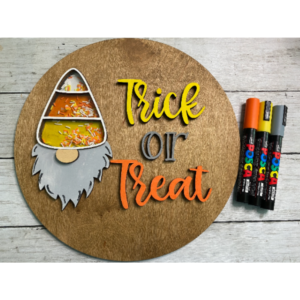 Candy Corn Trick or Treat Halloween Gnome Shaker Sign SVG Laser Glowforge file cutting