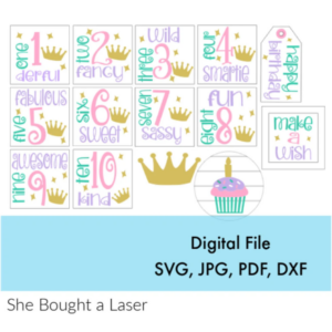 Birthday Tiara Cupcake Wood Shiplap Mini Sign and Tag Tiered Tray Kit Digital Cut File Laser Wood Cutting svg pdf jpg dxf