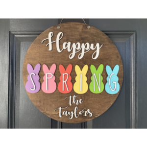 Happy Spring Bunnies Round Personalized Door Hanger SVG Easter Sign Digital Cut File Laser Wood template