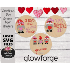 Set of 3 Valentine’s Day Gnome Door Hanger Digital Cut Files Laser Wood Cutting SVG template round