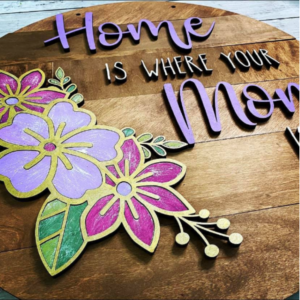 Mother’s Day Floral Round Wood Sign Door Hanger Template Glowforge File Digital Cut File Laser Cutting SVG