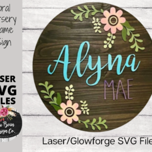 Flower Floral Baby Nursery Round Name Sign SVG Digital Cut File Laser Wood template door hanger