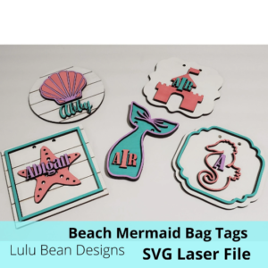 Mermaid Sea Horse Ocean Beach Bogg Bag Tags Monogram Monogrammed Kit Wood Glowforge SVG File Digital Cut Laser Cutting