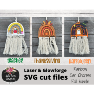 Set of three Fall Rainbow Macrame Car Charm SVG laser Glowforge File Digital Teacher Thanksgiving Halloween