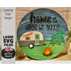 Camping Door Hanger SVG Spring Sign Digital Cut File Laser Wood Round cutting template