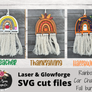 Set of three Fall Rainbow Macrame Car Charm SVG laser Glowforge File Digital Teacher Thanksgiving Halloween