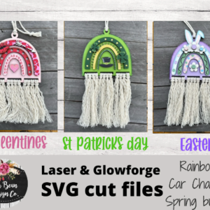 Set of three Spring Rainbow Macrame Car Charm SVG laser Glowforge File Digital Valentines Easter St Patricks Day