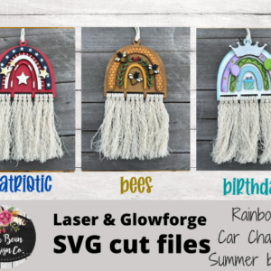 Set of three Summer Rainbow Macrame Car Charm SVG laser Glowforge File Digital Patriotic Bees Birthday