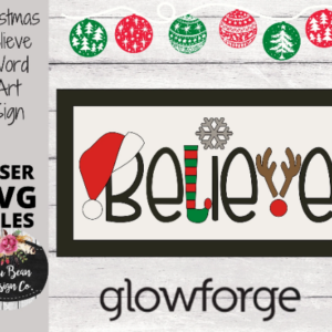 Christmas Believe Word Art Rectangle Sign SVG File Digital Laser Wood Glowforge template