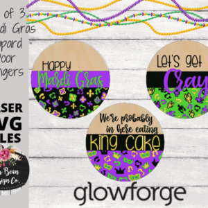 Mardi Gras Leopard Pattern Set of 3 Door Hangers SVG file Crawfish Cray King Cake Circle Round Sign Digital Cut File Laser Wood template