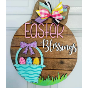Easter Blessings Basket Eggs Round Door Hanger Sign SVG File Digital Laser Wood Glowforge template