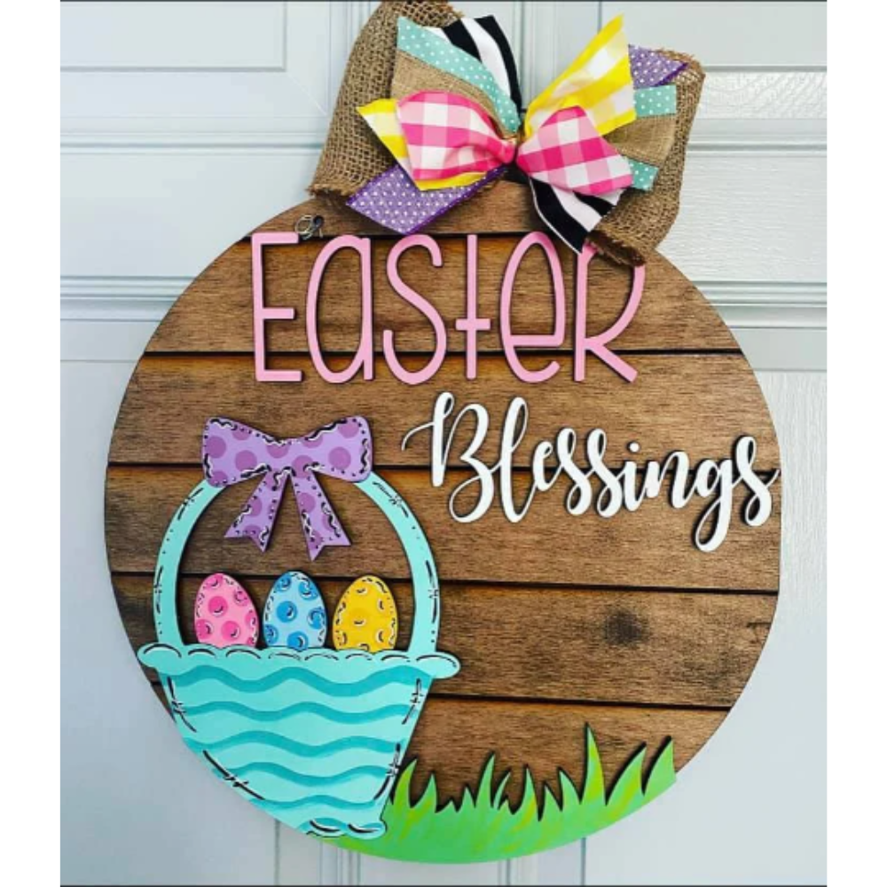 Easter Blessings Basket Eggs Round Door Hanger Sign SVG File Digital ...