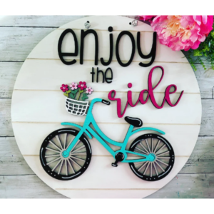 Spring Bicycle Enjoy the Ride Round Door Hanger Sign SVG File Digital Laser Wood Glowforge template