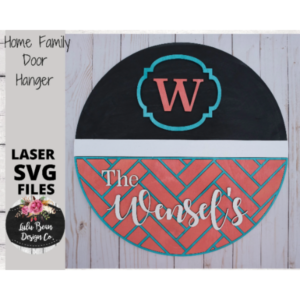 Monogram Home and Family herringbone design Door Hanger Digital Cut File Laser Wood Cutting SVG laser Glowforge template