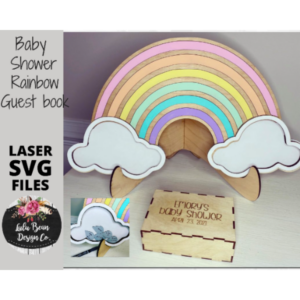 Rainbow Baby Shower Guest Book Drop Box Sign In with Engraved Box Clouds Raindrops