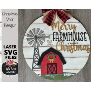 Merry Farmhouse Christmas Round Door Hanger SVG laser Glowforge file Digital Cut  Wood Cutting template