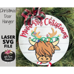 Moorry Christmas Highland Cow Lights Round Door Hanger SVG laser file Wood Digital Cutting Glowforge