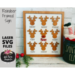 Reindeer Silhouette Names Rudolph Framed Christmas Sign SVG laser file Wood Digital Cutting Glowforge