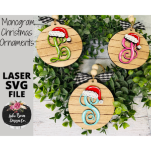Monogram Letter Christmas Ornament SVG File Santa hat round shiplap wood bead Personalized laser Digital Glowforge
